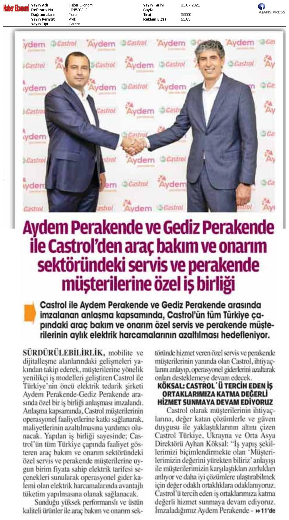  Cooperation between Aydem Perakende and Gediz ve Aydem  Perakende and Castrol 